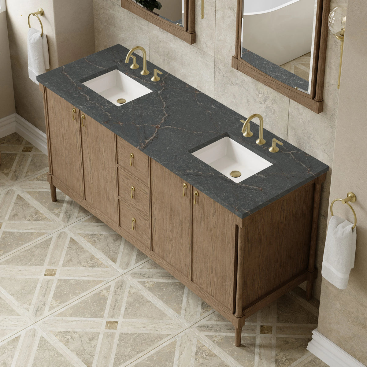 Kinnsden 72" Double Vanity, Weathered Oak w/ 3 CM Parisien Bleu Silestone Top, view 7