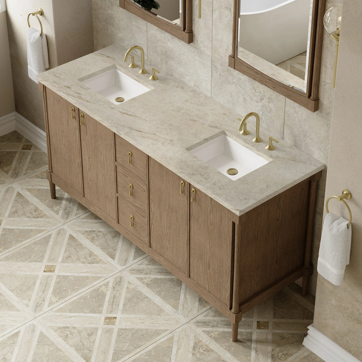 Kinnsden 72" Double Vanity, Weathered Oak w/ 3 CM Tajnar Eclos Top, view 7