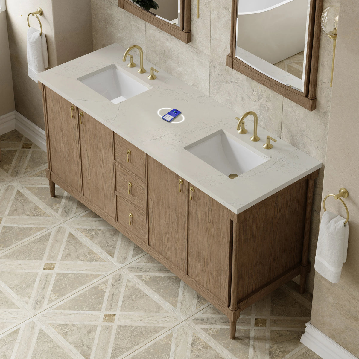 Kinnsden 72" Double Vanity, Weathered Oak w/ 3 CM Siberian Silestone Top w/FreePower Wireless Charger, view 9