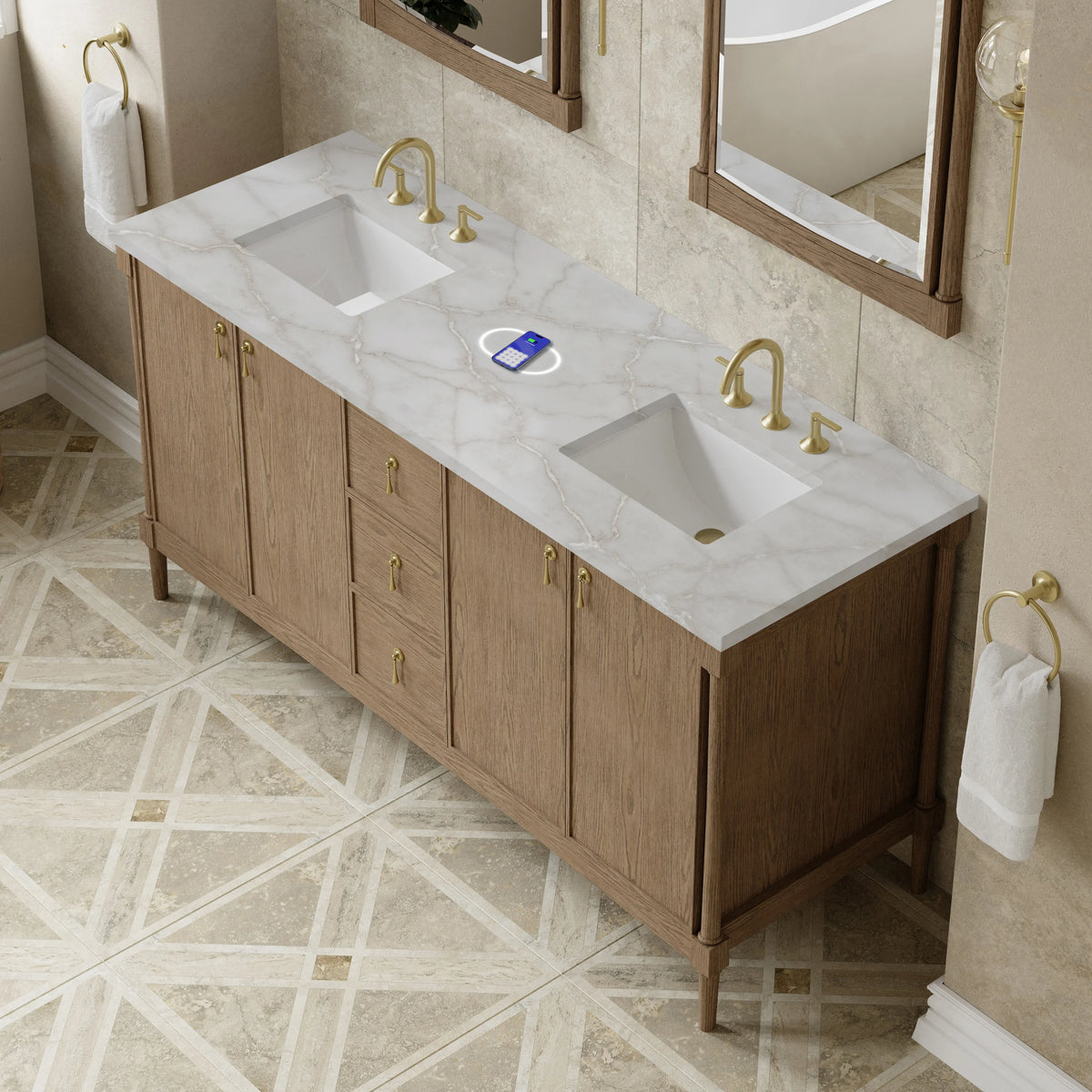 Kinnsden 72" Double Vanity, Weathered Oak w/ 3 CM Victorian Silver Silestone Top w/FreePower Wireless Charger, view 8