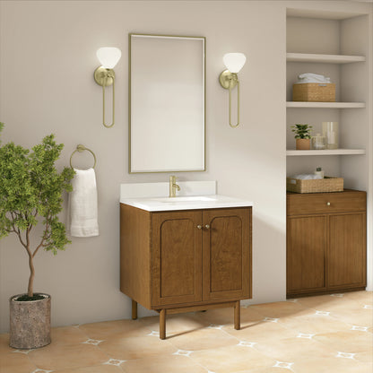 Laurent 30" Single Vanity, Honey Oak w/ Single Hole 3 CM White Zeus Silestone Top and Matching Backsplash, view 8