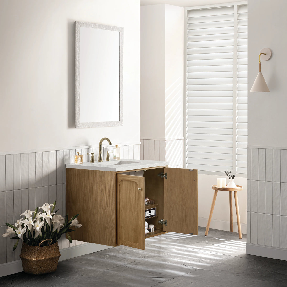 Laurent 30" Single Vanity, Light Natural Oak w/ 3 CM Lime Delight Top, view 10