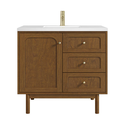 Laurent 36" Single Vanity, Honey Oak w/ Single Hole 3 CM White Zeus Silestone Top and Matching Backsplash