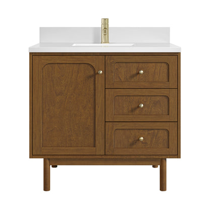 Laurent 36" Single Vanity, Honey Oak w/ Single Hole 3 CM White Zeus Silestone Top and Matching Backsplash, view 2