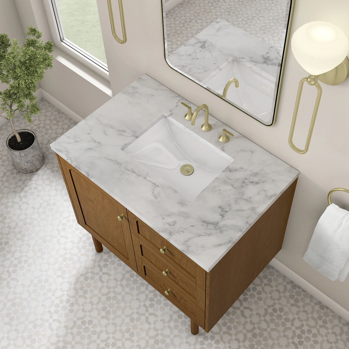 Laurent 36" Single Vanity, Honey Oak w/ 3 CM Carrara Marble Top, view 11