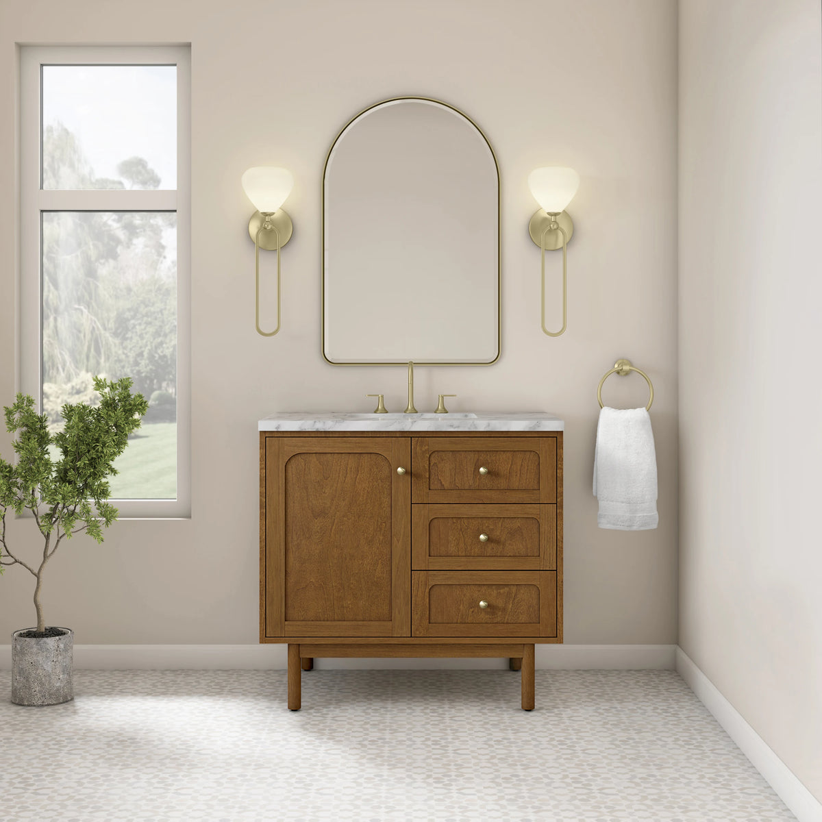 Laurent 36" Single Vanity, Honey Oak w/ 3 CM Carrara Marble Top, view 5