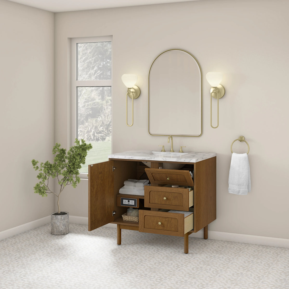 Laurent 36" Single Vanity, Honey Oak w/ 3 CM Carrara Marble Top, view 9