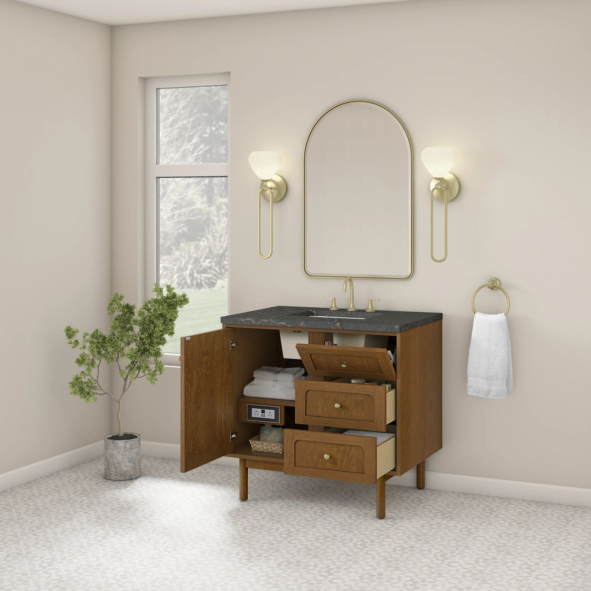 Laurent 36" Single Vanity, Honey Oak w/ 3 CM Parisien Bleu Silestone Top, view 9