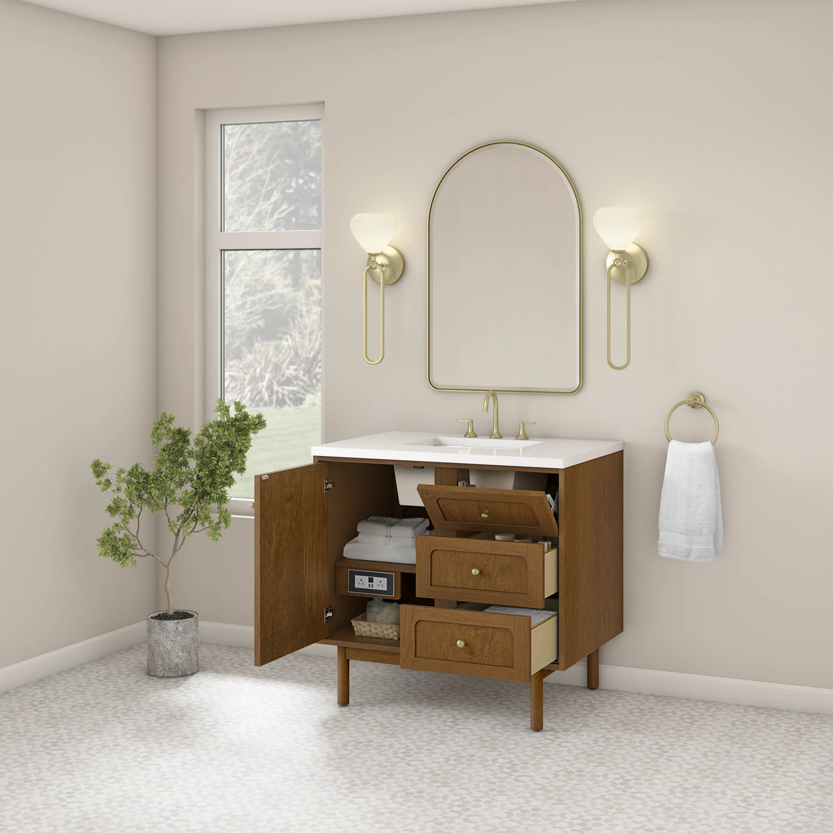 Laurent 36" Single Vanity, Honey Oak w/ 3 CM White Zeus Silestone Top, view 11