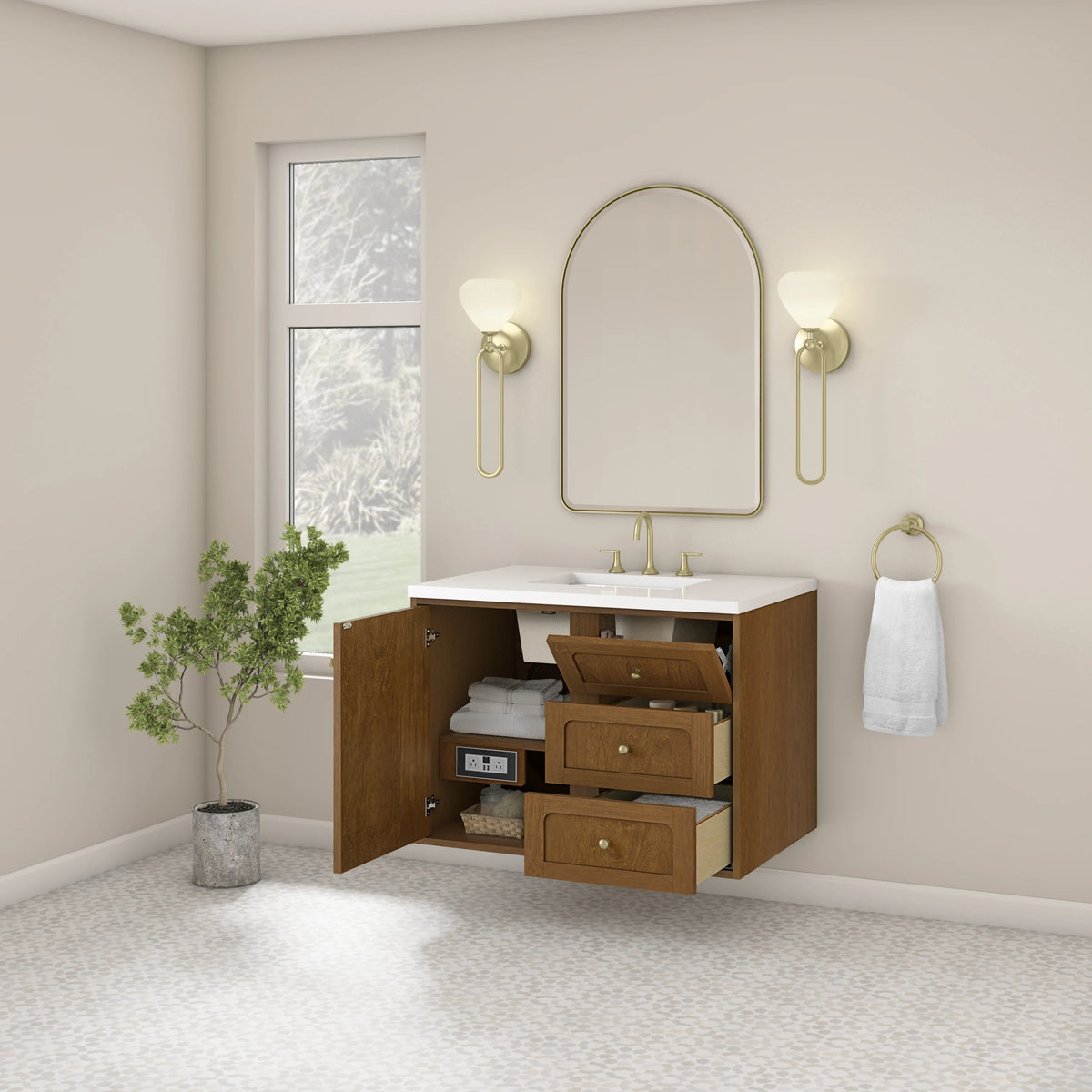 Laurent 36" Single Vanity, Honey Oak w/ 3 CM White Zeus Silestone Top, view 12