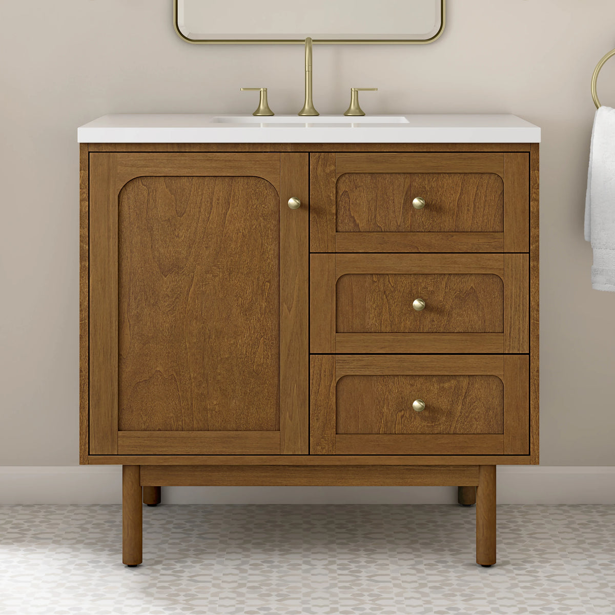 Laurent 36" Single Vanity, Honey Oak w/ 3 CM White Zeus Silestone Top, view 7