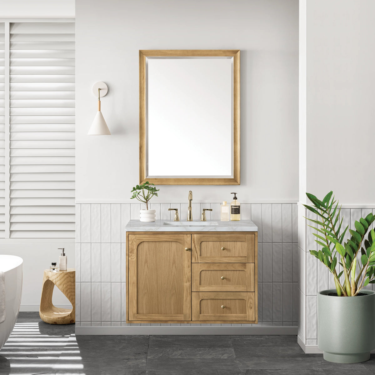 Laurent 36" Single Vanity, Light Natural Oak w/ 3 CM Victorian Silver Top, view 6