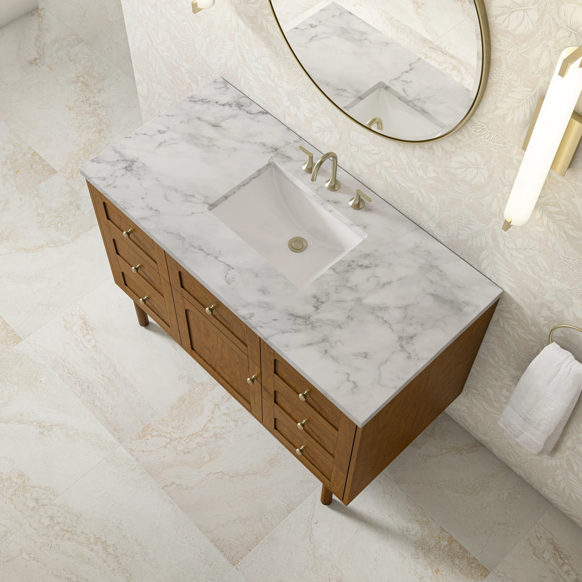 Laurent 48" Single Vanity, Honey Oak w/ 3 CM Carrara Marble Top, view 11
