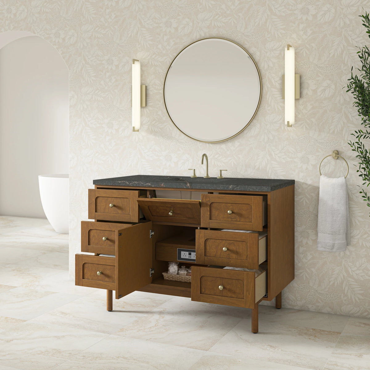 Laurent 48" Single Vanity, Honey Oak w/ 3 CM Parisien Bleu Silestone Top, view 9