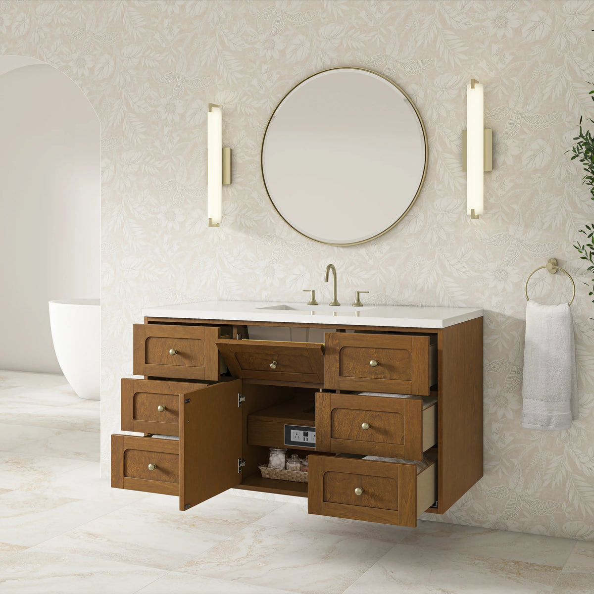 Laurent 48" Single Vanity, Honey Oak w/ 3 CM White Zeus Silestone Top, view 12