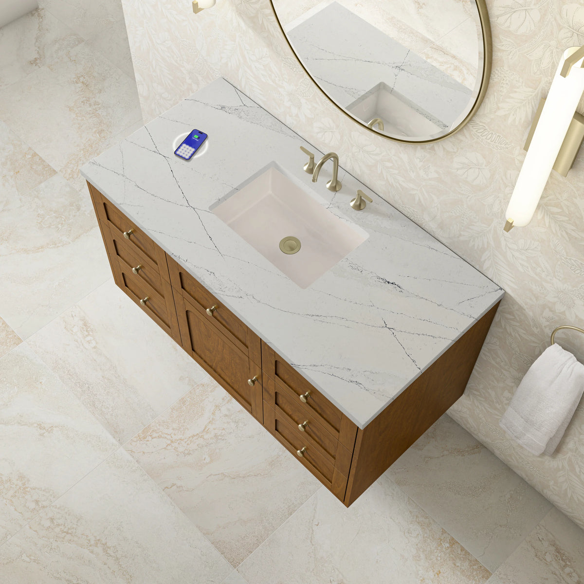 Laurent 48" Single Vanity, Honey Oak w/ 3 CM Ethereal Noctis Silestone Top w/FreePower Wireless Charger, view 13