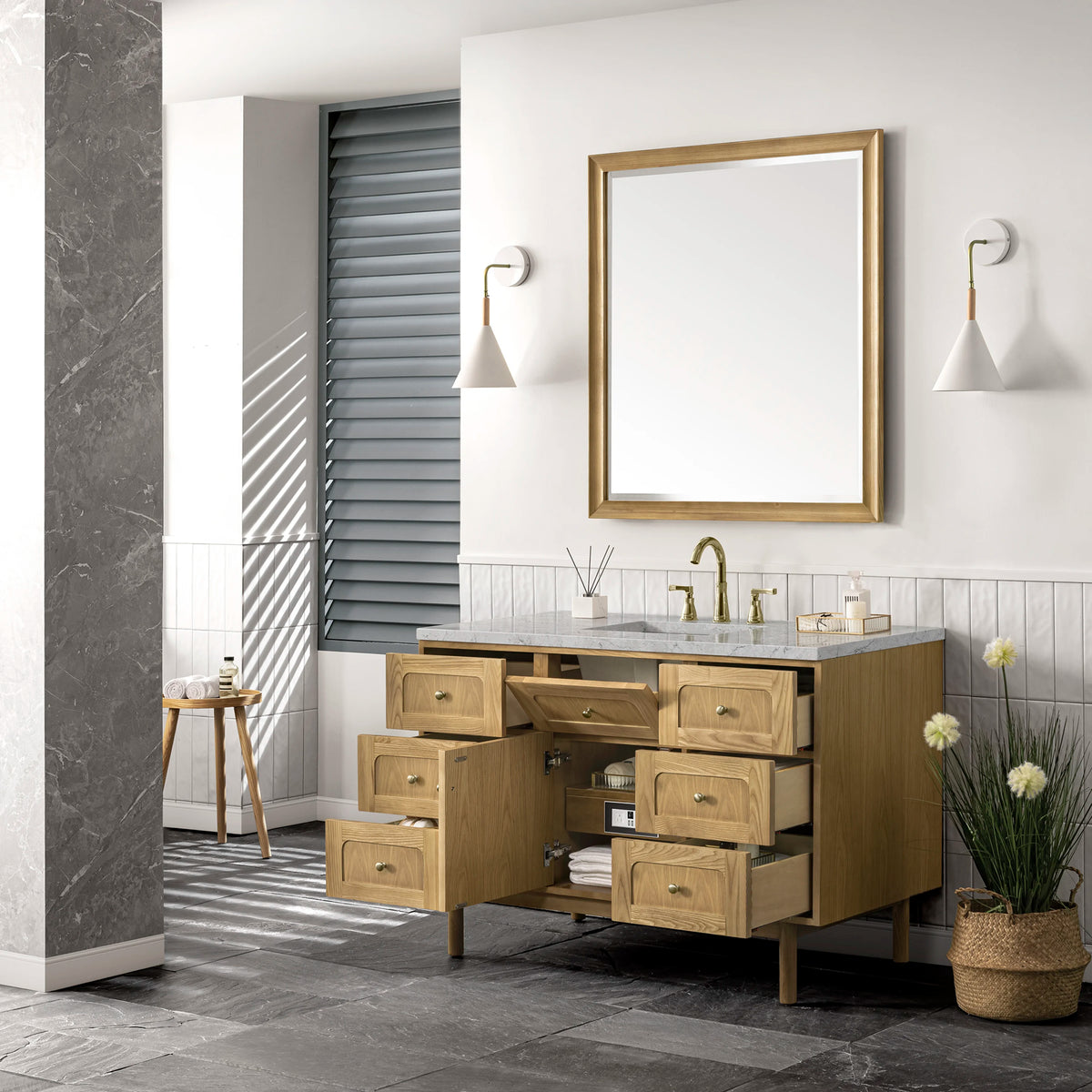 Laurent 48" Single Vanity, Light Natural Oak w/ 3 CM Eternal Jasmine Pearl Top w/FreePower Wireless Charger, view 11