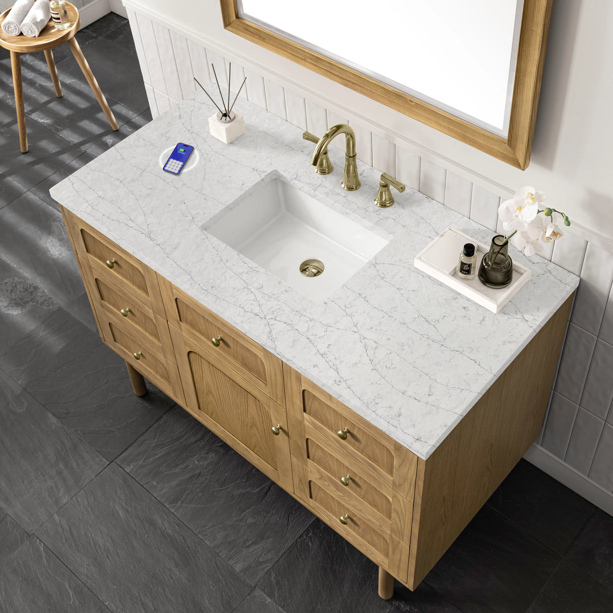 Laurent 48" Single Vanity, Light Natural Oak w/ 3 CM Eternal Jasmine Pearl Top w/FreePower Wireless Charger, view 14