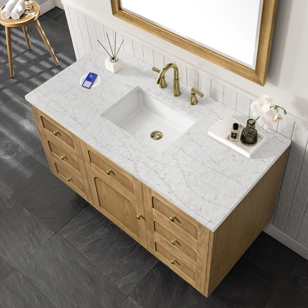 Laurent 48" Single Vanity, Light Natural Oak w/ 3 CM Eternal Jasmine Pearl Top w/FreePower Wireless Charger, view 15