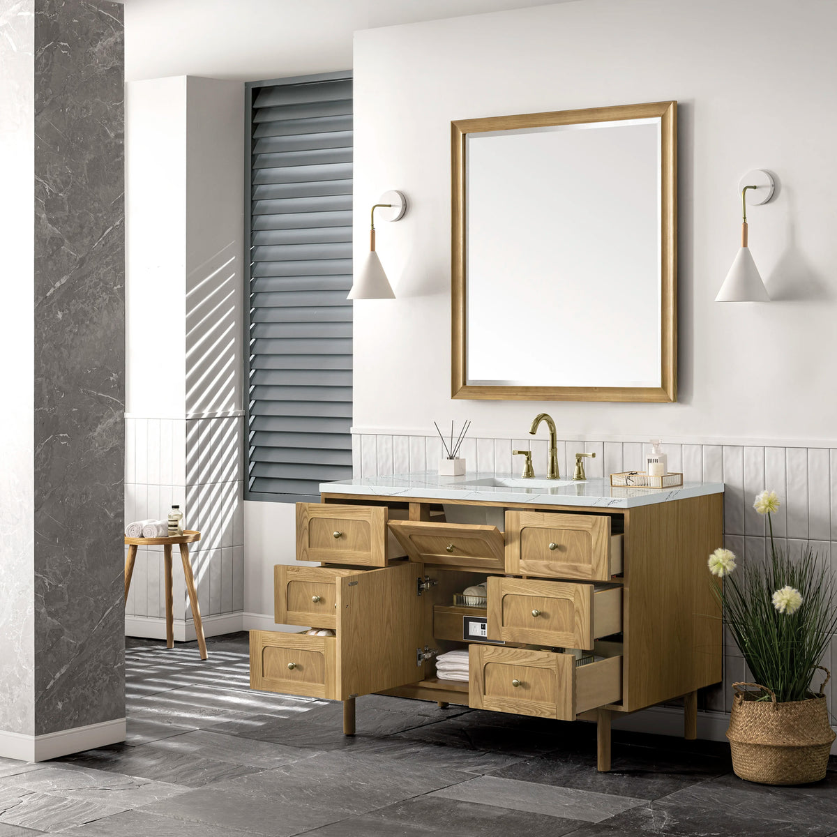 Laurent 48" Single Vanity, Light Natural Oak w/ 3 CM Ethereal Noctis Top w/FreePower Wireless Charger, view 11