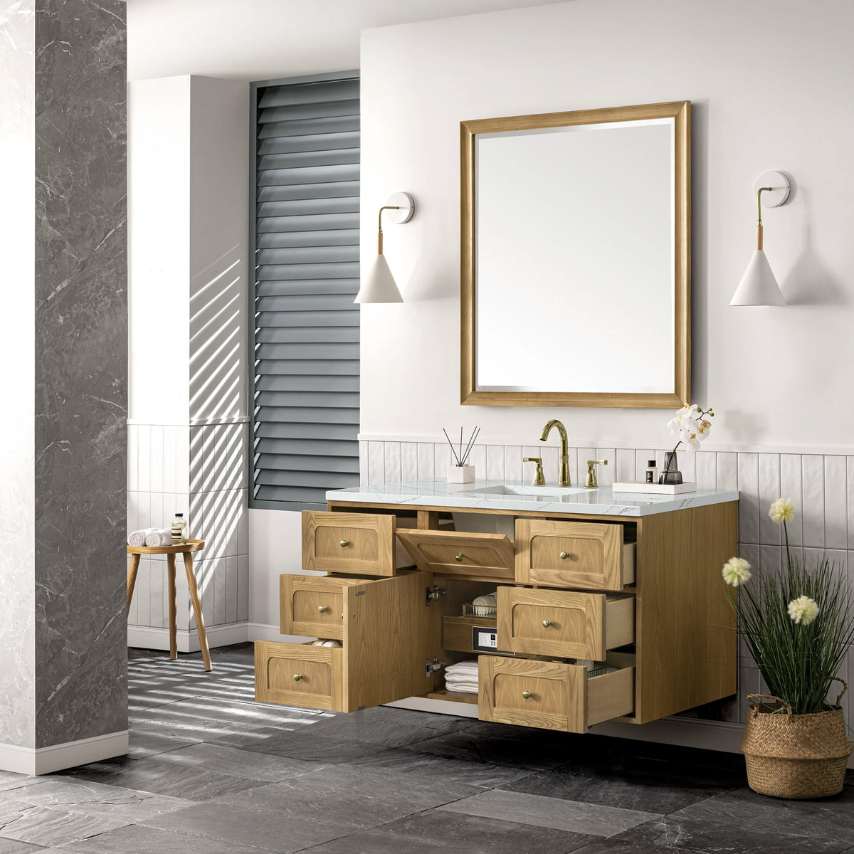 Laurent 48" Single Vanity, Light Natural Oak w/ 3 CM Ethereal Noctis Top w/FreePower Wireless Charger, view 12