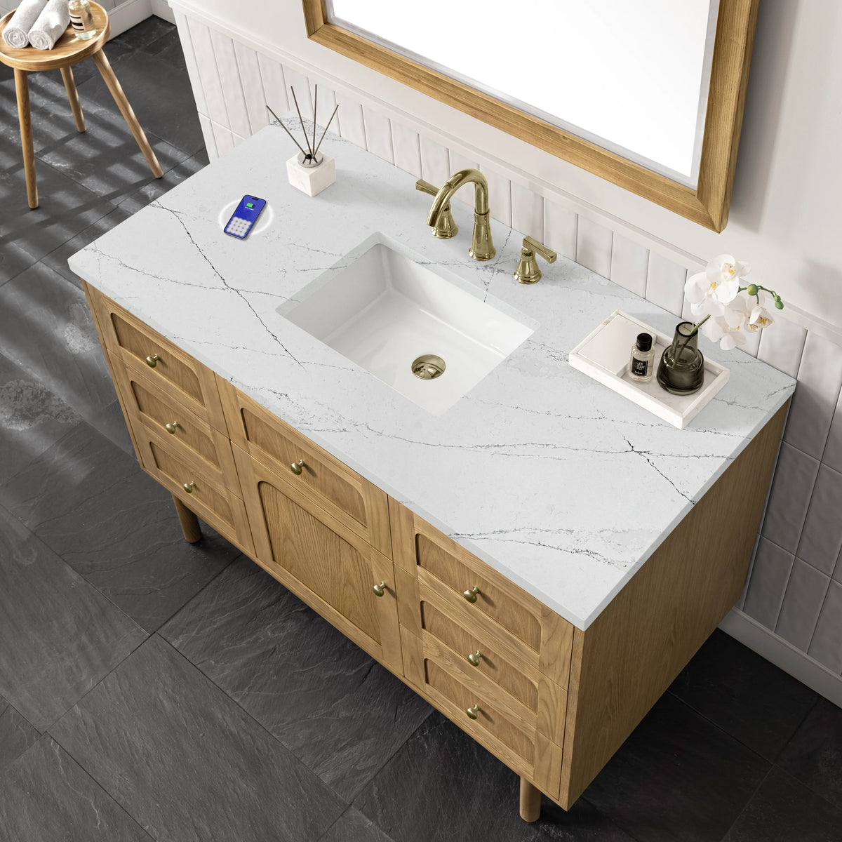 Laurent 48" Single Vanity, Light Natural Oak w/ 3 CM Ethereal Noctis Top w/FreePower Wireless Charger, view 14
