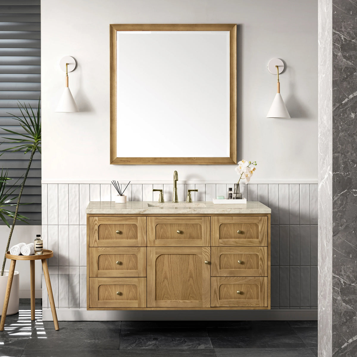 Laurent 48" Single Vanity, Light Natural Oak, w/ 3 CM Tajnar Eclos Top w/FreePower Wireless Charger, view 10