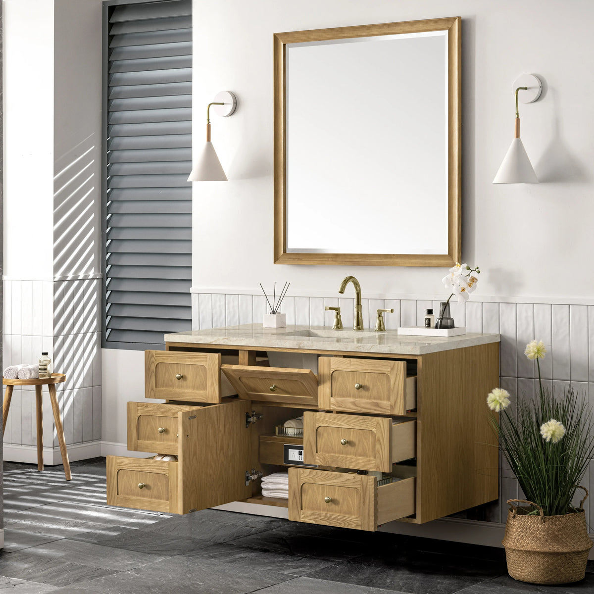 Laurent 48" Single Vanity, Light Natural Oak, w/ 3 CM Tajnar Eclos Top w/FreePower Wireless Charger, view 14