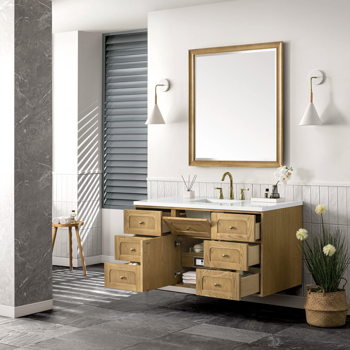 Laurent 48" Single Vanity, Light Natural Oak w/ 3 CM White Zeus Top, view 11
