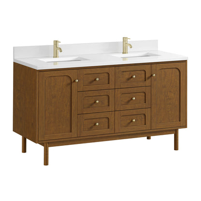 Laurent 60" Double Vanity, Honey Oak w/ Single Hole 3 CM White Zeus Silestone Top and Matching Backsplash, view 15