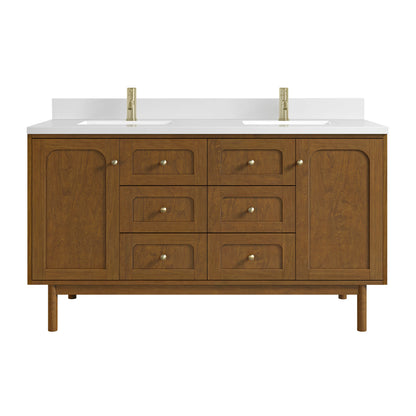 Laurent 60" Double Vanity, Honey Oak w/ Single Hole 3 CM White Zeus Silestone Top and Matching Backsplash, view 2