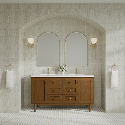 Laurent 60" Double Vanity, Honey Oak w/ Single Hole 3 CM White Zeus Silestone Top and Matching Backsplash, view 5