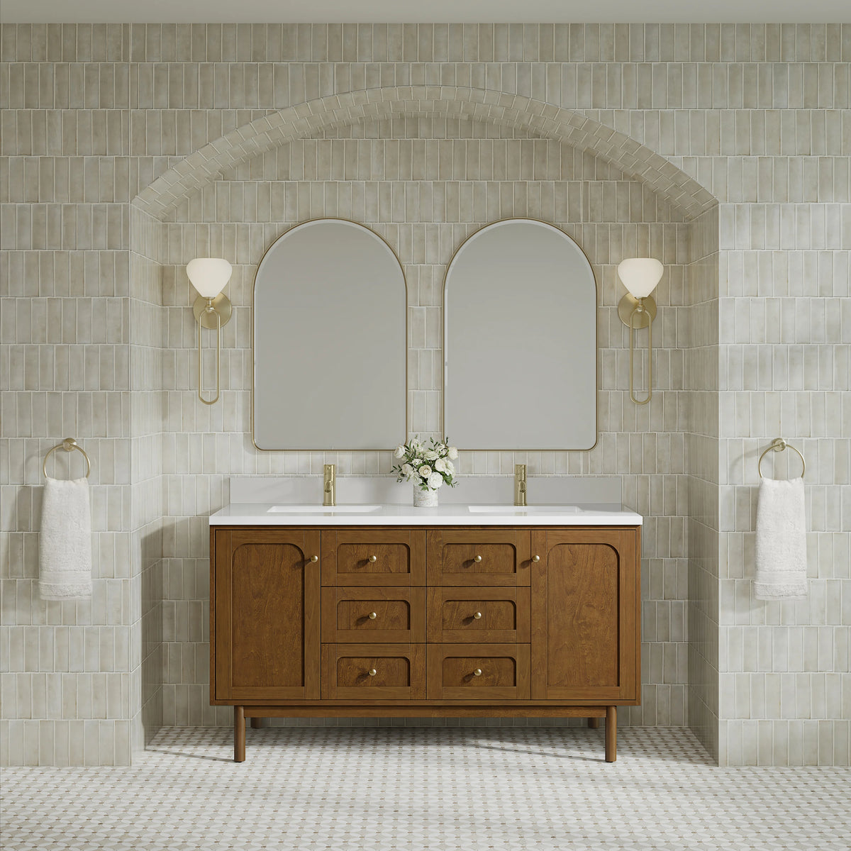 Laurent 60" Double Vanity, Honey Oak w/ Single Hole 3 CM White Zeus Silestone Top and Matching Backsplash, view 6