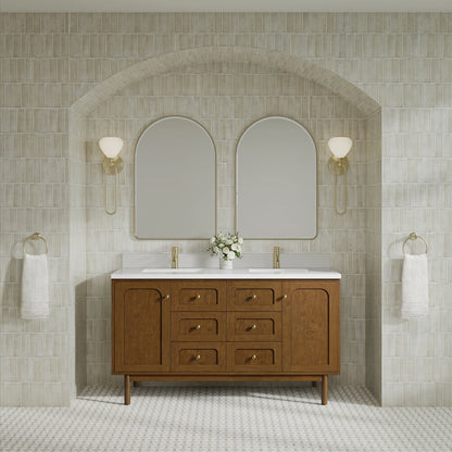 Laurent 60" Double Vanity, Honey Oak w/ Single Hole 3 CM White Zeus Silestone Top and Matching Backsplash, view 6