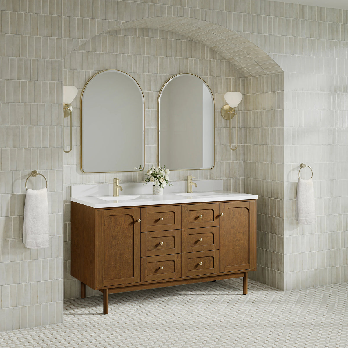Laurent 60" Double Vanity, Honey Oak w/ Single Hole 3 CM White Zeus Silestone Top and Matching Backsplash, view 8
