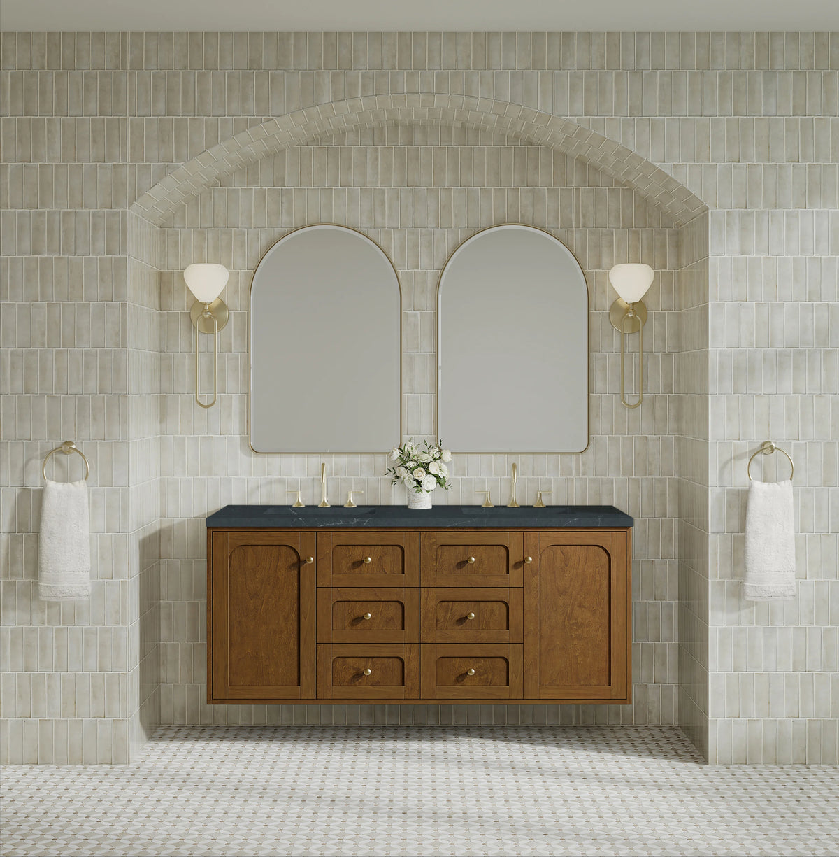 Laurent 60" Double Vanity, Honey Oak w/ 3 CM Charcoal Soapstone Silestone Top, view 6