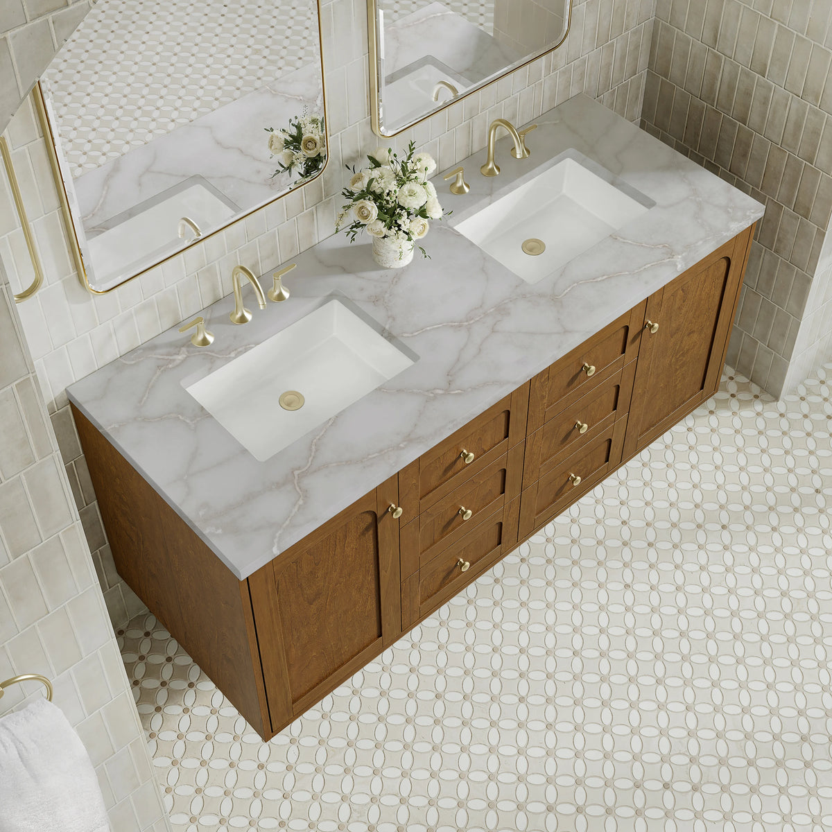 Laurent 60" Double Vanity, Honey Oak w/ 3 CM Victorian Silver Silestone Top, view 11