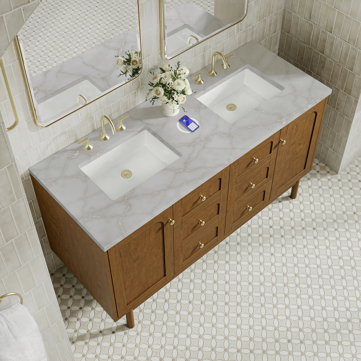 Laurent 60" Double Vanity, Honey Oak w/ 3 CM Victorian Silver Silestone Top w/FreePower Wireless Charger, view 12