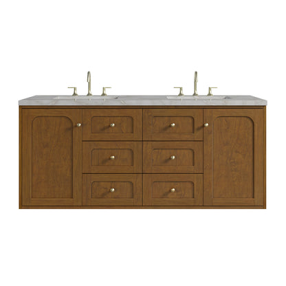 Laurent 60" Double Vanity, Honey Oak w/ 3 CM Victorian Silver Silestone Top w/FreePower Wireless Charger, view 2