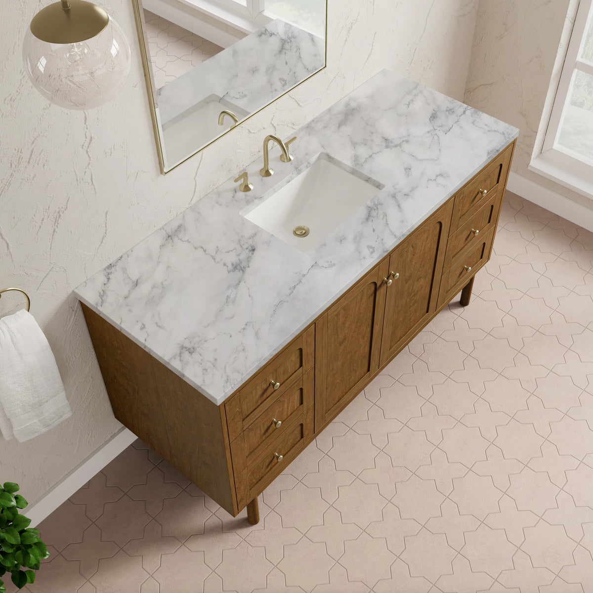 Laurent 60" Single Vanity, Honey Oak w/ 3 CM Carrara Marble Top, view 11