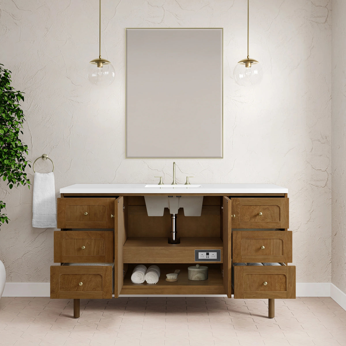 Laurent 60" Single Vanity, Honey Oak w/ 3 CM White Zeus Silestone Top, view 13