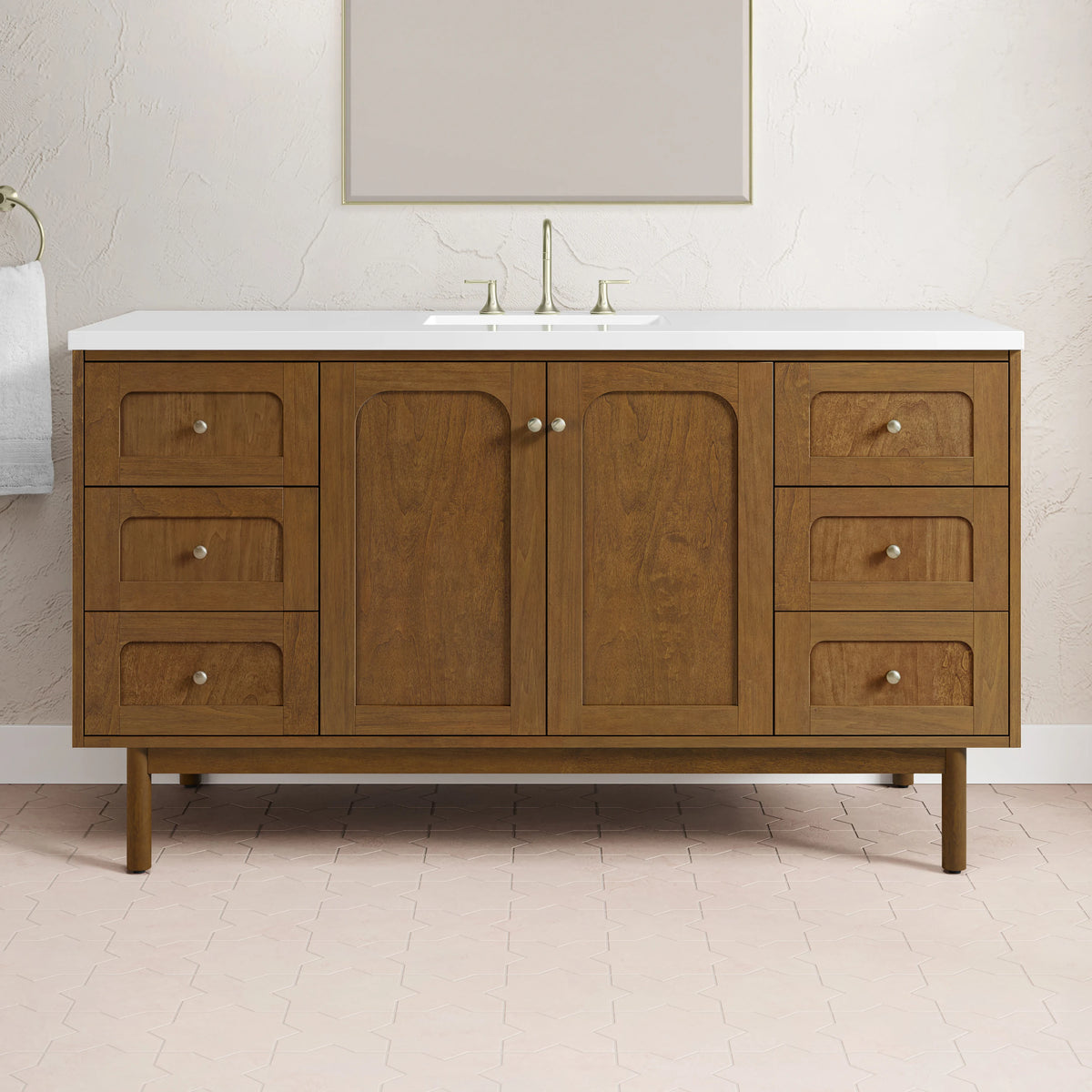 Laurent 60" Single Vanity, Honey Oak w/ 3 CM White Zeus Silestone Top, view 7