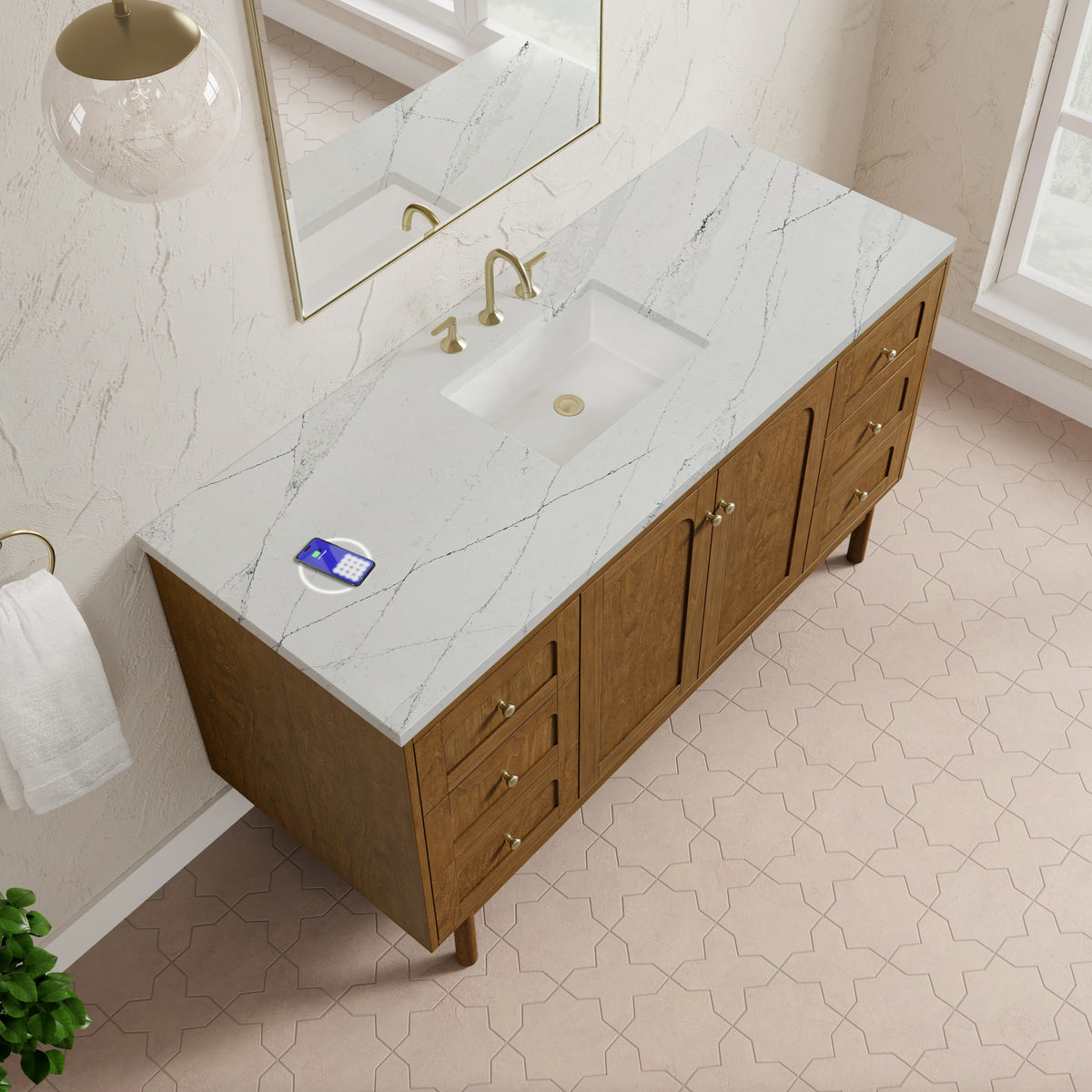 Laurent 60" Single Vanity, Honey Oak w/ 3 CM Ethereal Noctis Silestone Top w/FreePower Wireless Charger, view 12