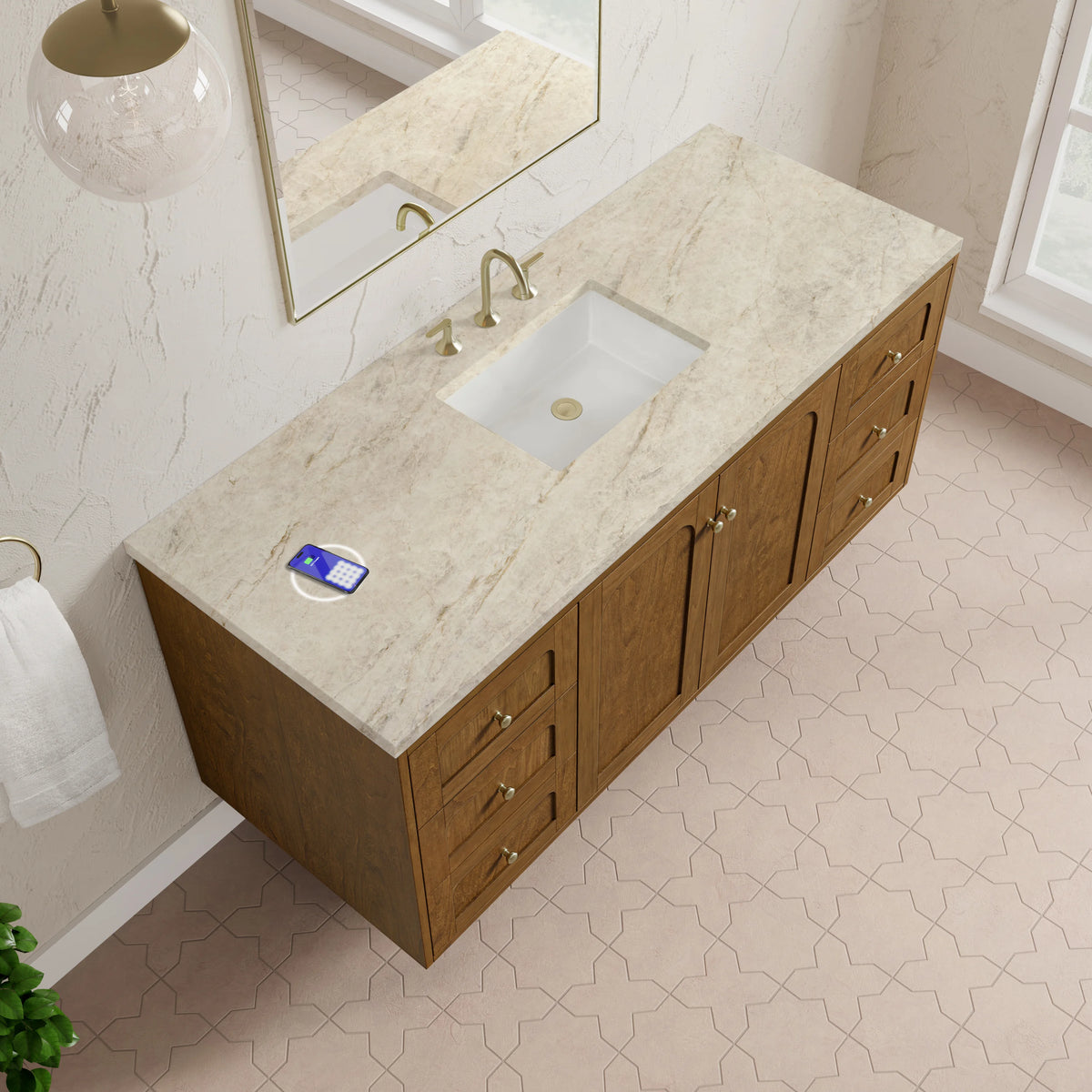 Laurent 60" Single Vanity, Honey Oak w/ 3 CM Tajnar Eclos Top w/FreePower Wireless Charger, view 14