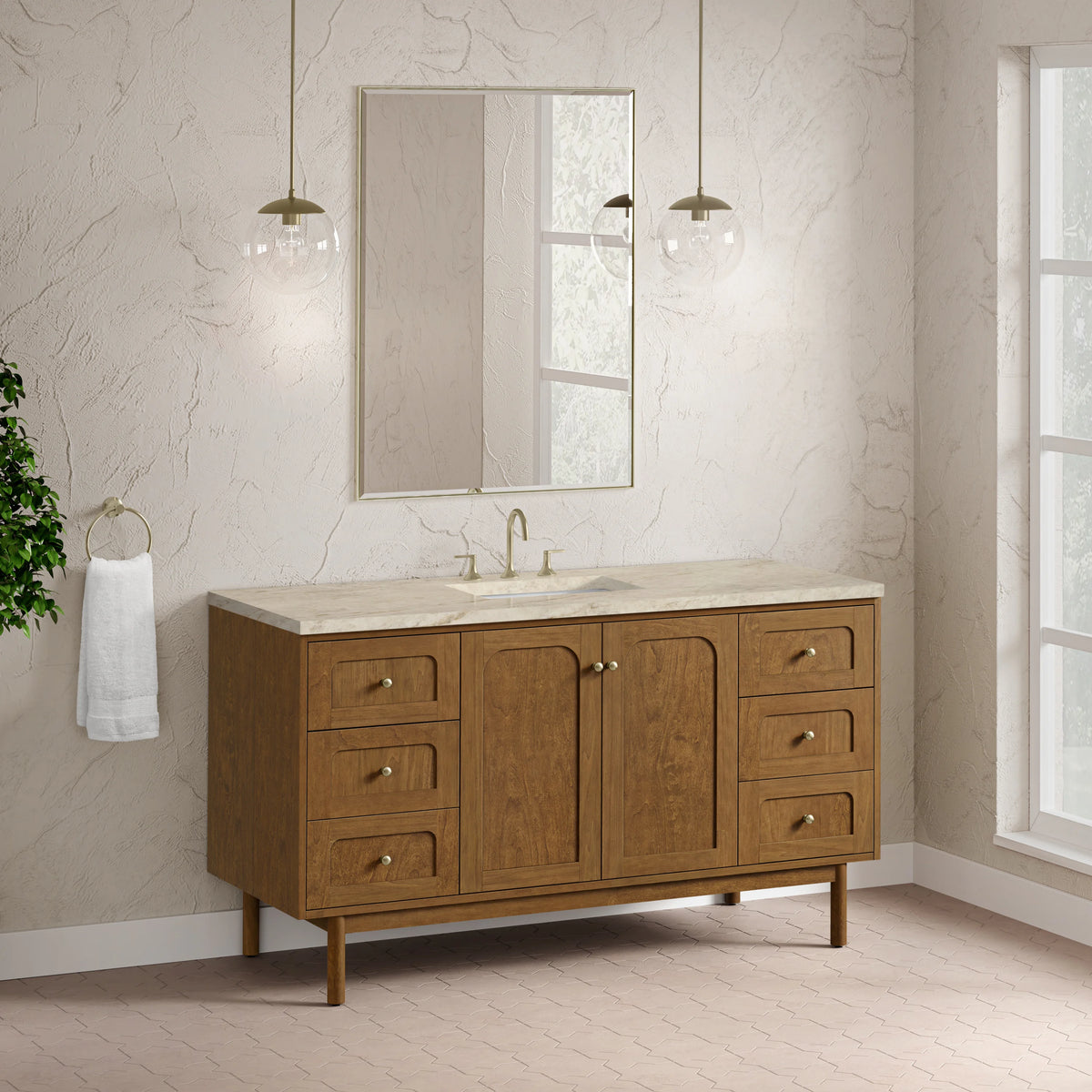 Laurent 60" Single Vanity, Honey Oak w/ 3 CM Tajnar Eclos Top w/FreePower Wireless Charger, view 9