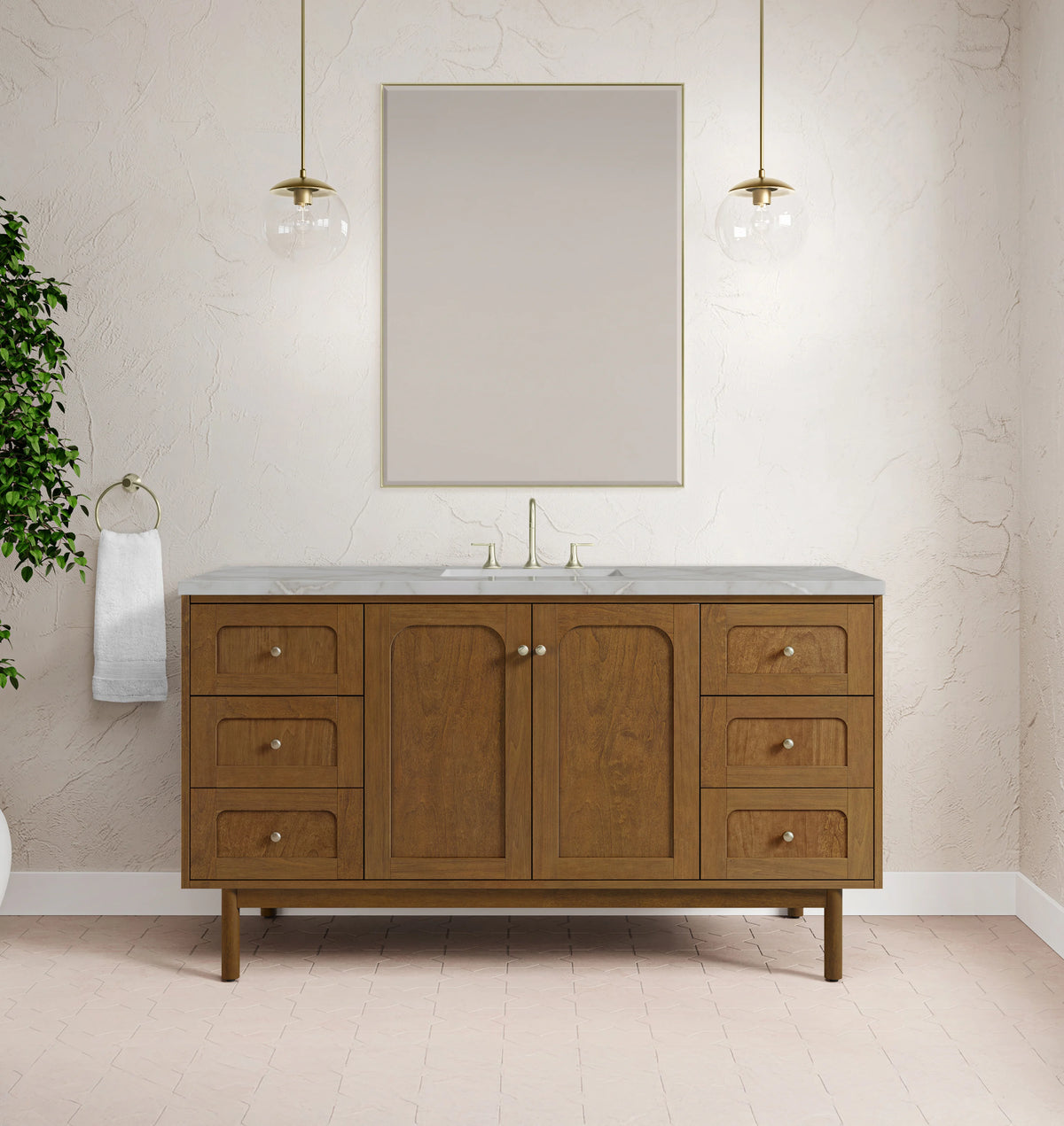 Laurent 60" Single Vanity, Honey Oak w/ 3 CM Victorian Silver Silestone Top w/FreePower Wireless Charger, view 6