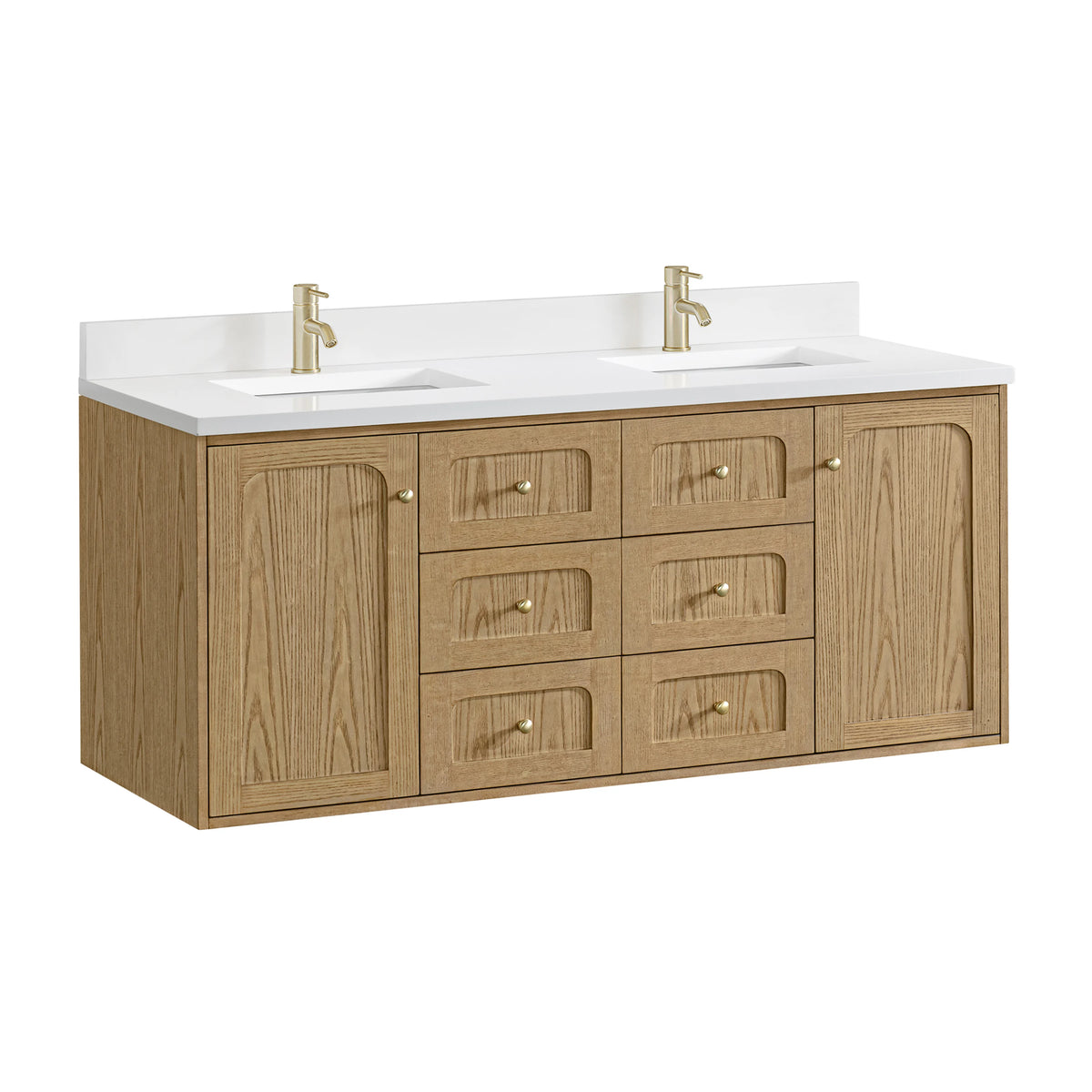 Laurent 60" Double Vanity, Light Natural Oak, w/ Single Hole 3 CM White Zeus Quartz Top & Backsplash, view 16