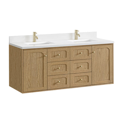 Laurent 60" Double Vanity, Light Natural Oak, w/ Single Hole 3 CM White Zeus Quartz Top & Backsplash, view 16