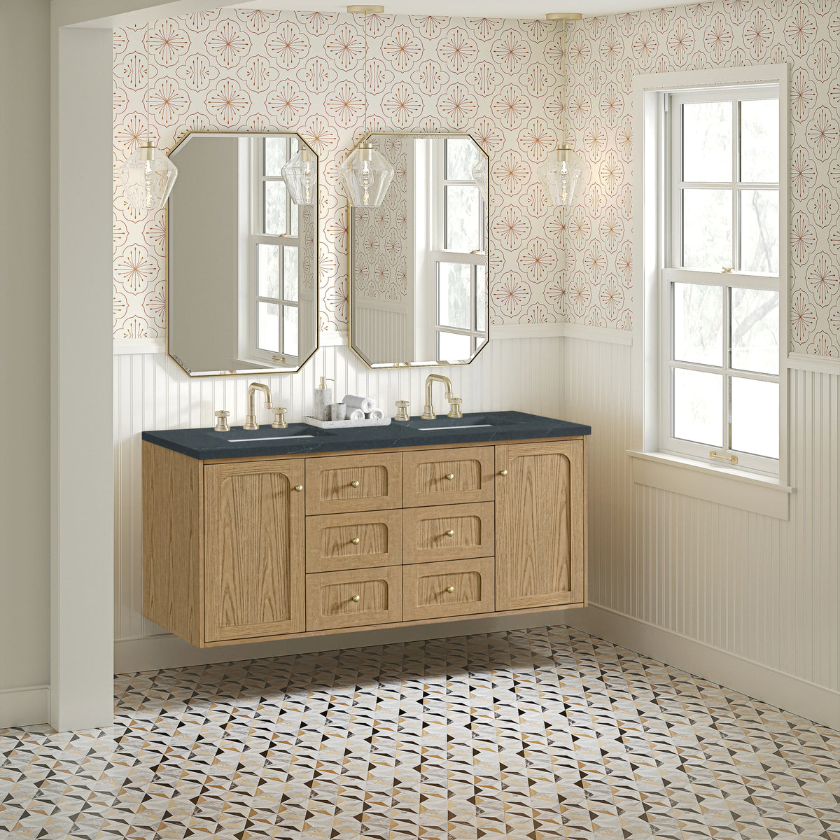 Laurent 60" Double Vanity, Light Natural Oak, w/ 3 CM Charcoal Soapstone Quartz Top, view 7