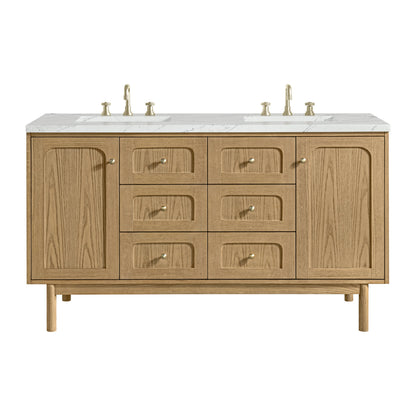 Laurent 60" Double Vanity, Light Natural Oak, w/ 3 CM Ethereal Noctis Quartz Top